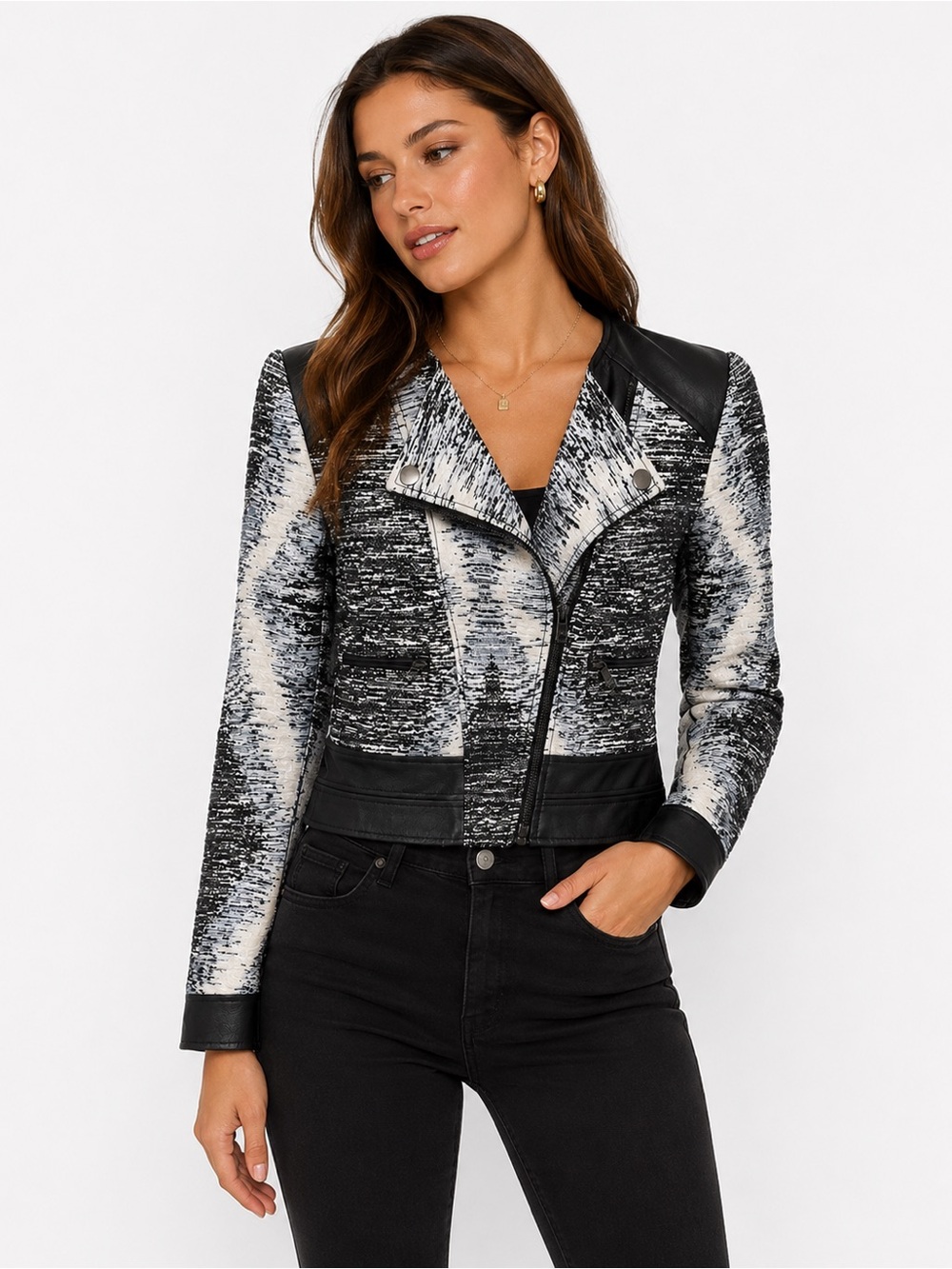 BCBGMaxAzria Black & Cream Textured fabric and leather  Moto Jacket